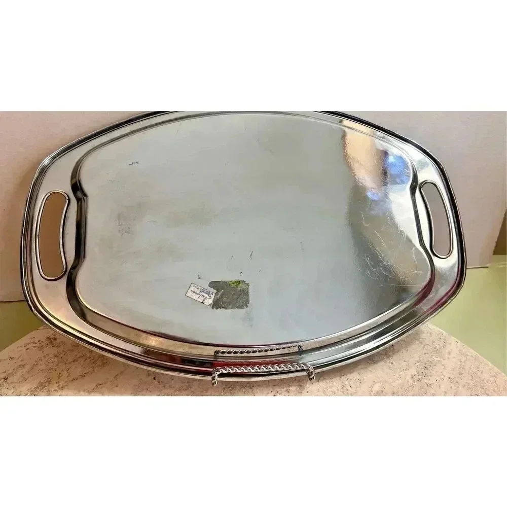 Anderson Silver Vintage Embossed Damask Oval Serving Tray Decor Mid‎ Century